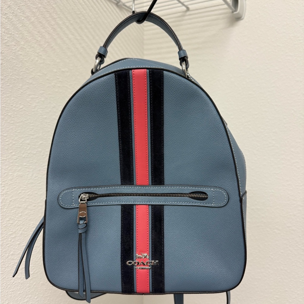 Coach Blue Backpack with Pink and Black Stripes